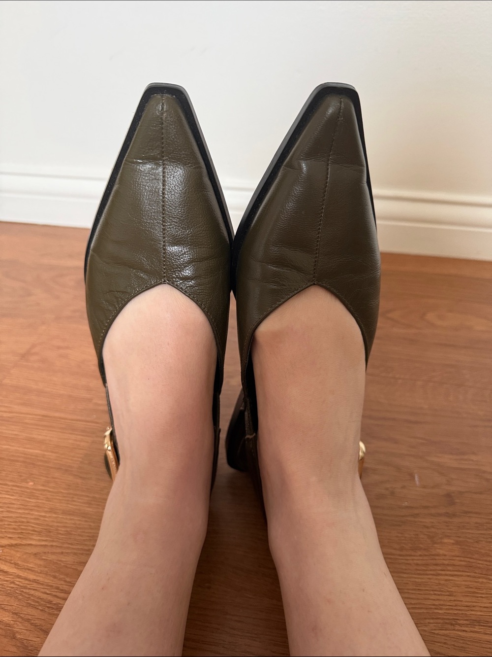 Steve Madden Olive Green Pointed Slingback Flats with Gold Buckle